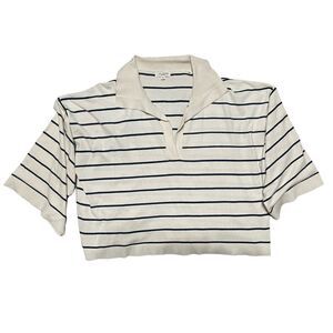Max Studio Cropped Bell Sleeve Shirt Preppy Sailor Cream w/ Navy Stripes Collar